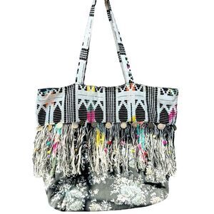AMERICA & BEYOND Women's Cotton Floral Fringe Medallion Boho Tote Bag Black